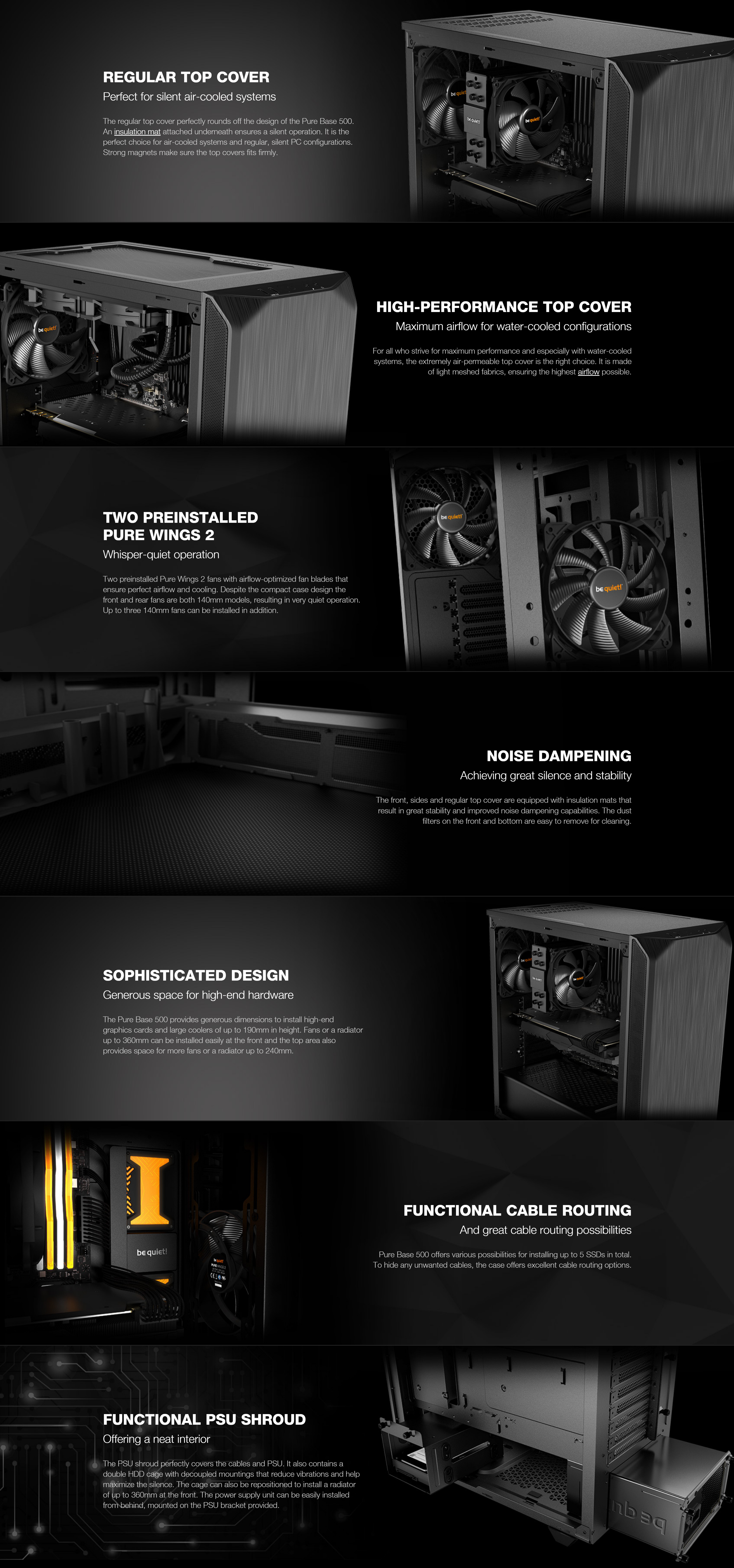 A large marketing image providing additional information about the product be quiet! PURE BASE 500 Mid Tower Case - Black - Additional alt info not provided
